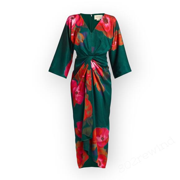 Sz 8 FIGUE Kyle Dress Floral Teal V-Neck Midi Dolman/Kimono TwistFront Satin NEW - Picture 2 of 16